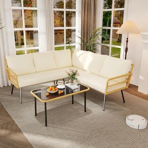 4 Pieces Outdoor Patio Furniture Set, All-Weather Wicker Rattan Sectional L-Shaped Set with Glass Top Coffee Table & Cushioned Chairs - 1 of 4
