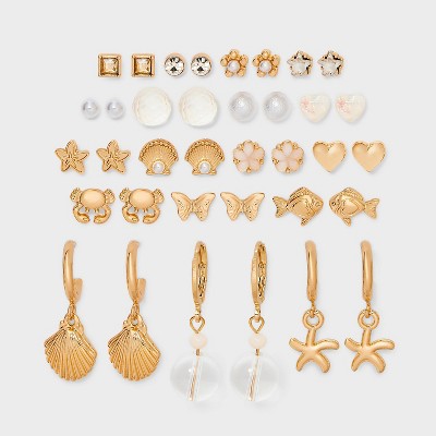 Sealife and Acrylic Pearl Earring Set 18pc - Wild Fable™ Gold