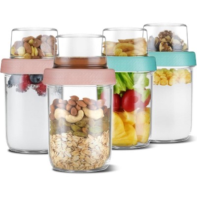 4 oz 16 oz Glass Overnight Oats Containers with Lids 4 Pack, Yogurt Parfait Cups with Dry and Wet Separation, Breakfast Prep Bowl for Nut Fruit Meal