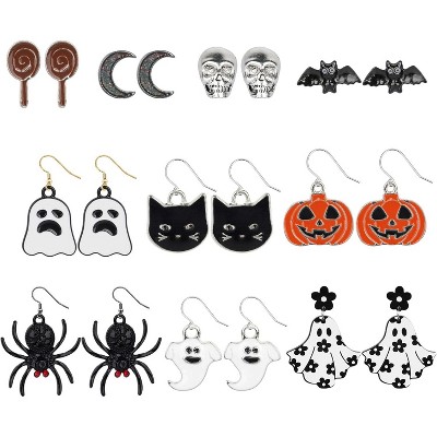 Bulk Halloween Earring Set - 10 Pairs of Ghost, Bat & Spider Earrings for Women, Party Favor Jewelry