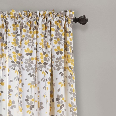 Gray and Yellow Floral Polyester Room Darkening Curtain Panels