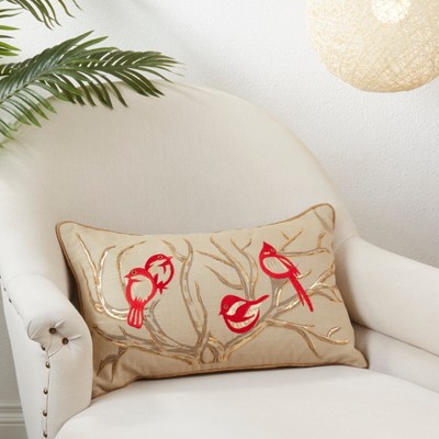 Natural Embroidered Bird and Branch Cotton Throw Pillow