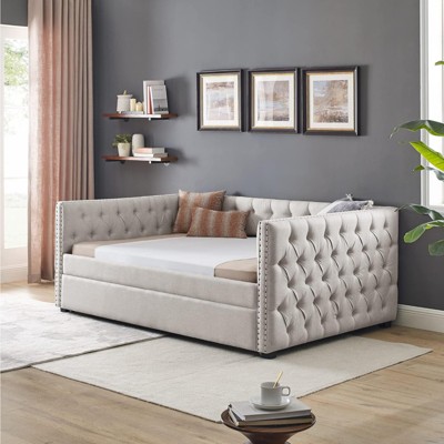 RISOKEYS Daybed with A Roll-Out Trundle,Upholstered Full Size Button-Tufted Sofa Daybed Frame,No Box Spring Needed,for Bedroom Living Room,Beige