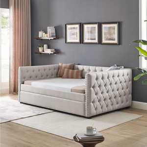 RISOKEYS Daybed with A Roll-Out Trundle,Upholstered Full Size Button-Tufted Sofa Daybed Frame,No Box Spring Needed,for Bedroom Living Room,Beige - 1 of 4
