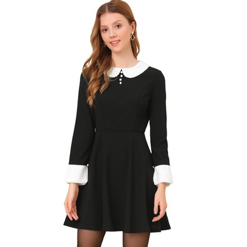 Allegra K Women's Peter Pan Collar Contrast Button Decor Long Sleeve Flare Dress  Black M : Target
