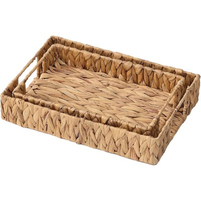 BRINJOY 2-Piece Water Hyacinth Tray Set - Handwoven Storage Trays with Handles (12.6" & 11" Rectangular Organizer)