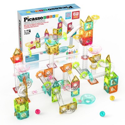 PICASSO-TILES 60 Pc Mini Marble Run Magnetic Tiles, Race Track Building Blocks, STEM Educational Toy for Kids