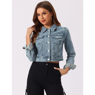 Женские куртки Allegra K Women's Solid Cropped Button-Down Plaid Cuffs Jean Jacket with Pockets Large White — фото 3