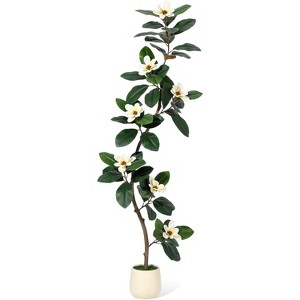 coucheta Artificial Fiddle Leaf Fig Tree with Magnolia Flowers, Faux Plants with White Planter Pot, Faux Floor Plant, Indoor and Outdoor Rubber Tree - 1 of 4