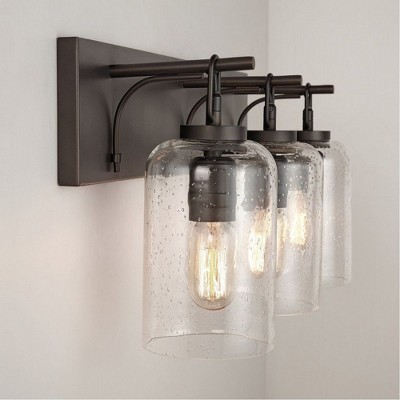 Old Bronze 3-Light Vanity with Clear Seeded Glass Cylinders