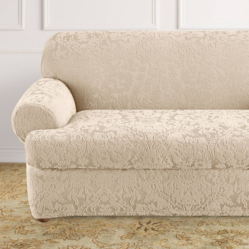 2pc Stretch Jacquard Damask T Cushion Loveseat Slipcovers Oyster - Sure Fit, 2 of 7