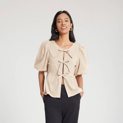 Women's Bubble Sleeve Tie-Front Blouse - A New Day™