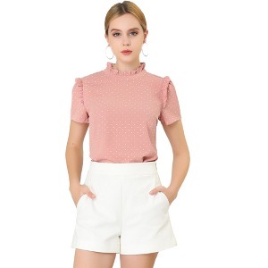 Allegra K Women's Ruffled Retro Short Sleeve Office Polka Dots Blouses - 1 of 4