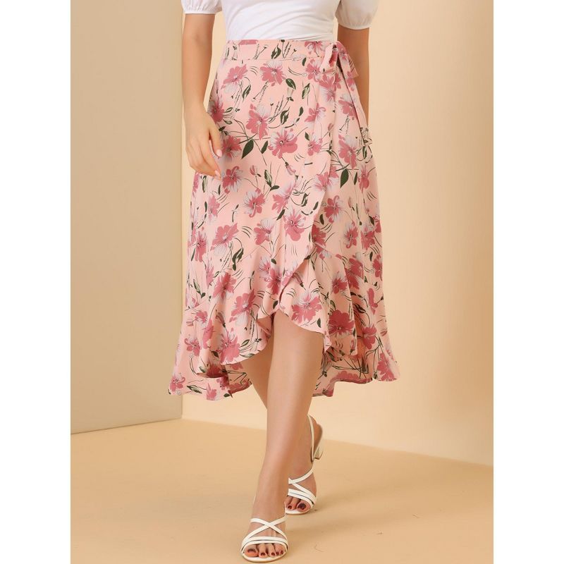 Allegra K Women's Floral Asymmetrical Ruffle Tie Waist Midi Wrap Skirts, 4 of 6