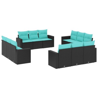 vidaXL 12 Piece Patio Sofa Set with Cushions Black and Blue Poly Rattan - Without Table