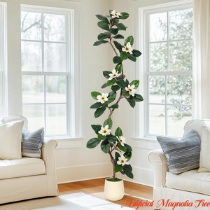 Artificial Magnolia Tree, 5ft/6ft/7ft Tall Fake Plants w/ White Planters, Artificial Plants Indoor w/ 7/8 Pcs Magnolia Flowers - 1 of 4