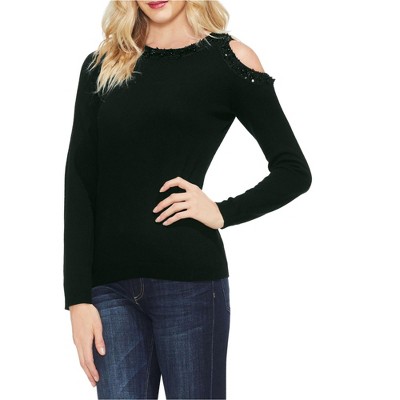 Vince Camuto Womens Embellished Neckline Pullover Sweater, Black, Large