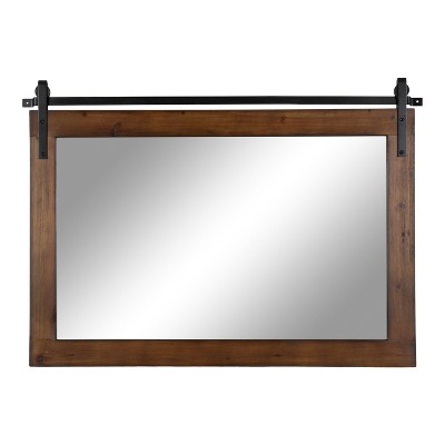 Walnut Brown Farmhouse Barn Door Wall Mirror with Metal Brackets