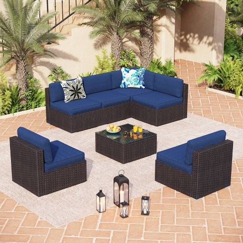 7pc Patio Low-back Rattan Conversation Set - Navy - Captiva Designs ...