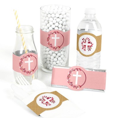 Big Dot of Happiness Pink Elegant Cross - DIY Party Supplies - Girl Religious Party DIY Wrapper Favors and Decorations - Set of 15