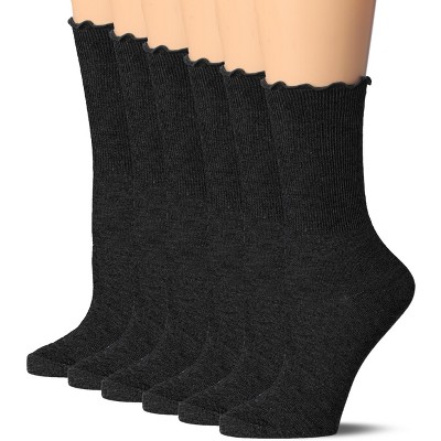 Tipi Toe Womens Black Crew Length Turn-Cuff Solid Lettuce Edge Lace Ruffle Socks