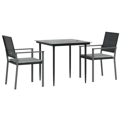 vidaXL 3 Piece Patio Dining Set with Cushions in Black, Outdoor Poly Rattan and Steel Furniture for Garden, Patio - Includes Table and Chairs