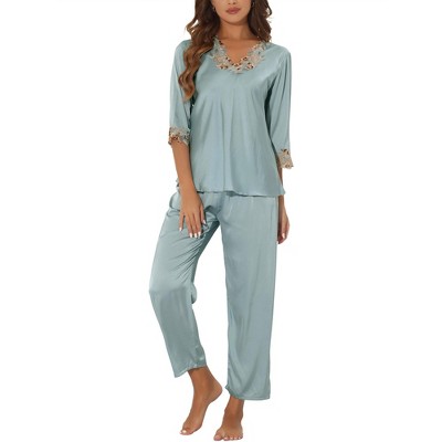 cheibear Women's Satin Half Sleeve Lace Trim Top with Long Pants 2 Piece Sleepwear Sets