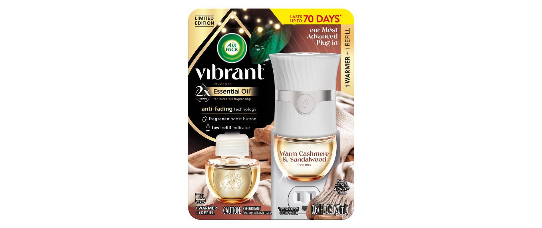 Air Wick Scented Oil Air Freshener Vibrant Starter Kit - 1 Warmer + 1 Refill Warm Cashmere & Sandalwood