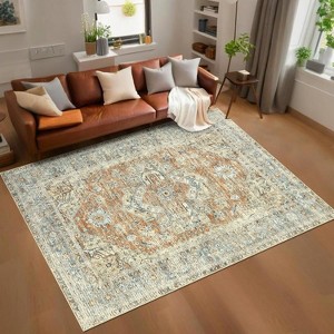 Vintage Washable Area Rugs, Low Pile Soft Carpet with Distressed Trellis Pattern, Foldable Thin Indoor Accent Rug for Living Room Bedroom Dining Room - 1 of 4