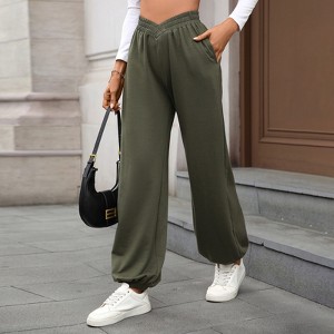 Women's Wide Leg Pants Elastic High Waisted Waffle Knit Casual Palazzo Pants Trousers with Pockets - 1 of 4
