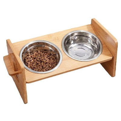 iMountek "Bamboo Double Raised Dog Bowls with 15° Tilt & 4 Adjustable Heights, Stainless Steel Bowls" Brown