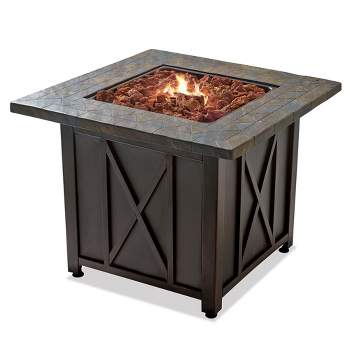 Endless Summer 30 Inch Square 30,000 BTU Liquid Propane Gas Outdoor Fire Pit Table w/ Push Button Ignition, Lava Rock, & Steel Fire Bowl, Bronze
