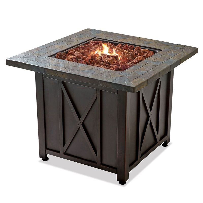 Endless Summer 30 Inch Square 30,000 BTU Liquid Propane Gas Outdoor Fire Pit Table w/ Push Button Ignition, Lava Rock, & Steel Fire Bowl, Bronze, 1 of 7