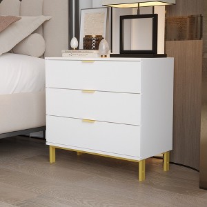 Hitow White 3 Drawer Nightstand Brushed Textured Finish & Metal Legs Bedside Dresser - 1 of 4
