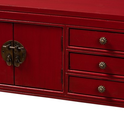 Antique Red Bayur Wood Console Table with Bronze Accents and Storage