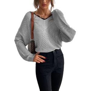 Coolmee Womens Sweaters Fall Fashion Long Sleeve Sexy Lace V Neck Knit Drop Shoulder Pullover Sweater Jumper Tops - 1 of 3