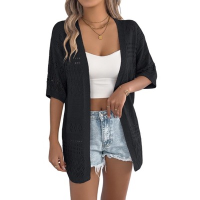 Womens Crochet Cardigan with Curved Placket Elbow Sleeve Open Front  Lightweight Sweater Caridgan Ribbed Cuff Eyelet Knit Sweat Boho Cardigan