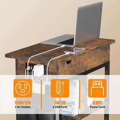 Rustic Brown Particle Board End Table with Charging Station and Storage