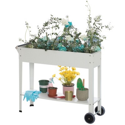 Gardenised Mobile Planter Raised Garden Bed Rectangular Flower Cart with Shelf