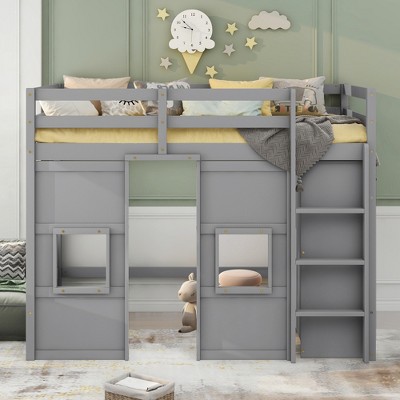 Twin Size Wooden Loft Bed with Built-in Storage Wardrobe and 2 Windows - ModernLuxe