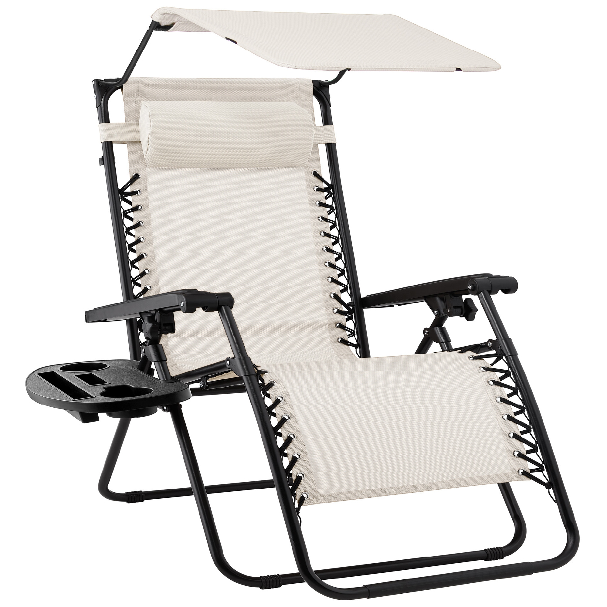 Best Choice Products Folding Zero Gravity Recliner Patio Lounge Chair w/ Canopy Shade, Headrest, Tray - Ivory