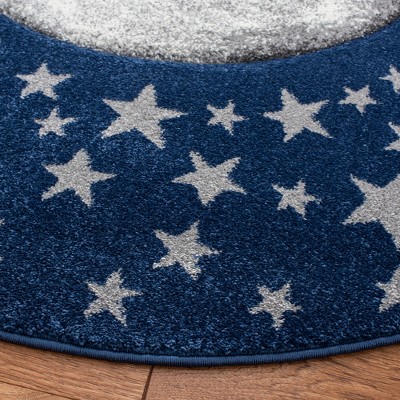 Navy and Grey Round Synthetic Kids' Moon and Stars Rug