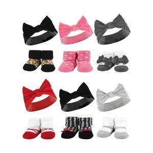 Hudson Baby Infant Girl 12Pc Headband and Socks Giftset, Black Wild Rose Leopard Red Houndstooth Bows, One Size - 1 of 3