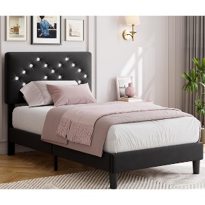 Bed Frame with Headboard, Upholstered Platform Bed Frames Queen Size with Crystal Diamond Tufted for Girls/Kids Easy Assembly, Wooden - 1 of 4