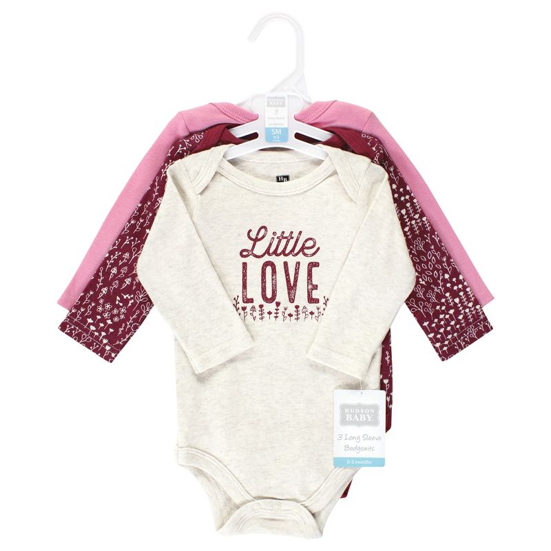 Hudson Baby Infant Girl Cotton Long-Sleeve Bodysuits, Little Love Flowers 3-Pack, 2 of 6