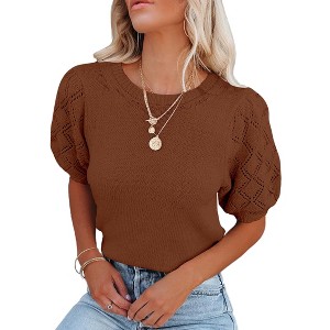 Womens Short Sleeve Lightweight Sweaters Crewneck Knit Pullover Tops with Crochet Sleeve Casual Crochet Blouse Shirt for Spring, Summer - 1 of 4