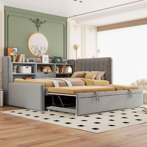 MAYEERTY Twin Size Upholstered Daybed, Trundle Storage Shelves USB Outlet, Bedroom, Beige - 1 of 4