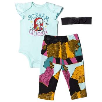 Disney Nightmare Before Christmas Zero Sally Jack Skellington Baby Girls Bodysuit Pants and Headband 3 Piece Outfit Set Newborn to Infant