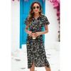 Women's Boho  Floral Short Sleeve V Ne ck Ruched Bodycon Dress High Empire With Tie Slit Hem Beach Dress - 4 of 4