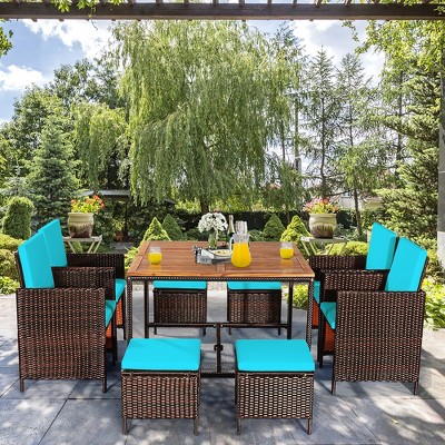 Turquoise PE Wicker and Acacia Wood 9-Piece Outdoor Dining Set
